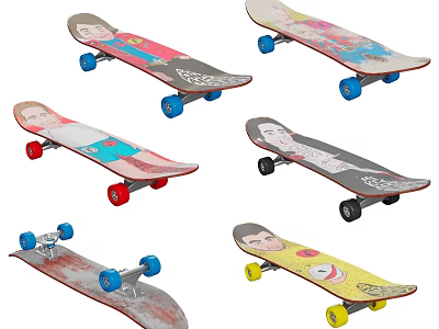 Trendy Skateboards With Various Colorful Designs And Multicolored Wheels For Sports 3d model