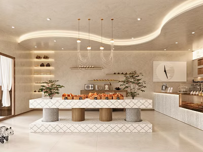 Modern Dessert Shop Interior With Display Counter Plants Chandeliers Shelves 3d model