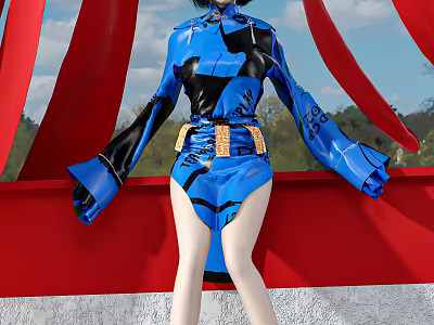 Game Movie Character In Blue Black Outfit With Golden Waist And Red Structural Background 3d model
