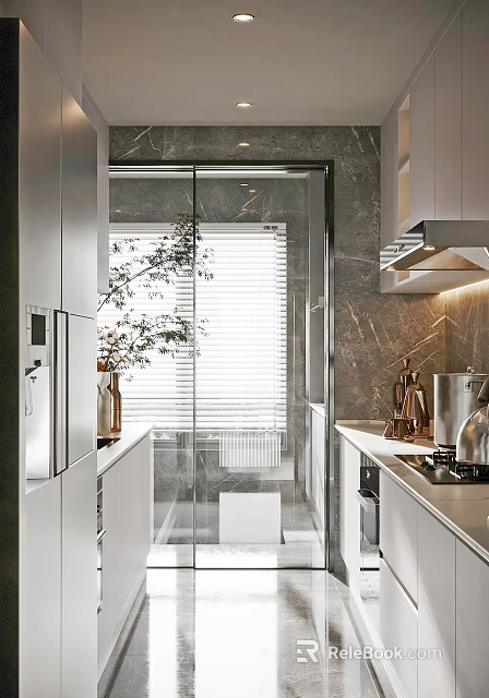 Modern Kitchen Interior With White Cabinets Marble Countertop Window Blinds And Decorative Plant 3d model 