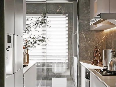 Modern Kitchen Interior With White Cabinets Marble Countertop Window Blinds And Decorative Plant 3d model