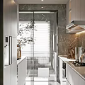 Modern Kitchen Interior With White Cabinets Marble Countertop Window Blinds And Decorative Plant