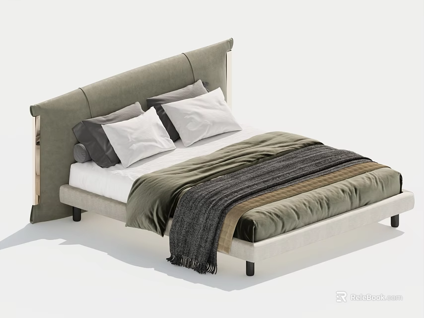 Modern Double Bed with Gray Headboard White Pillows and Green Striped Blanket 3d model 