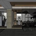 Modern Store Front Desk With Wooden Ceiling Glass Partition And Red Plant