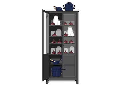 Dark Colored Decorative Cabinet With Open Shelves Blue Pots White Bowls And Red Dishes 3d model