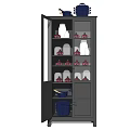 Dark Colored Decorative Cabinet With Open Shelves Blue Pots White Bowls And Red Dishes