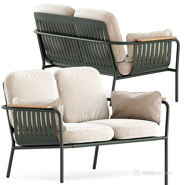 Modern Two Seater Sofa With Beige Cushions And Green Metal Frame 3d model 
