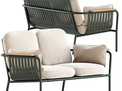 Modern Two Seater Sofa With Beige Cushions And Green Metal Frame 3d model