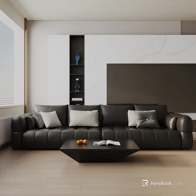 Modern Three Seater Sofa with Cushions Coffee Table Fruits and Book in Living Room 3d model 