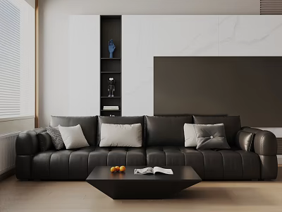 Modern Three Seater Sofa with Cushions Coffee Table Fruits and Book in Living Room 3d model