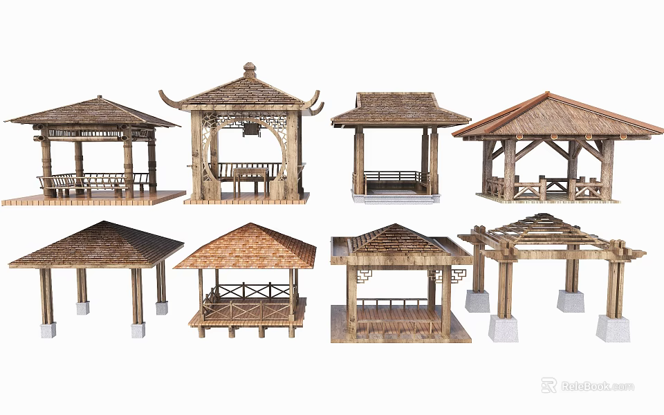 Traditional Wooden Garden Pavilions With Various Roof Designs And Outdoor Structures 3d model 