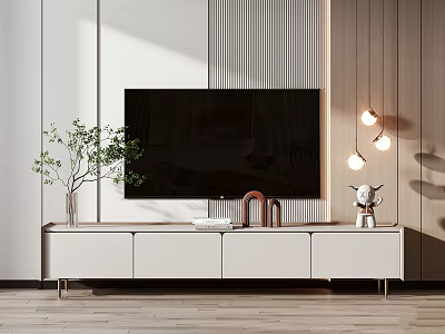 Modern White TV Stand In Living Room With Wall Mounted TV Green Plant And Decorations 3d model