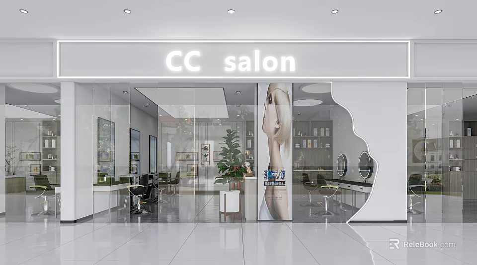 Modern CC Salon Interior With Glass Facade Indoor Plants Styling Chairs And Mirrors 3d model 
