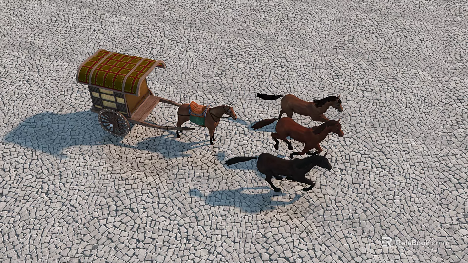 Antique Covered Wagon Drawn By Four Horses On Cobblestone Road 3d model 