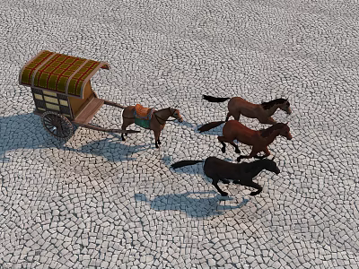 Antique Covered Wagon Drawn By Four Horses On Cobblestone Road 3d model