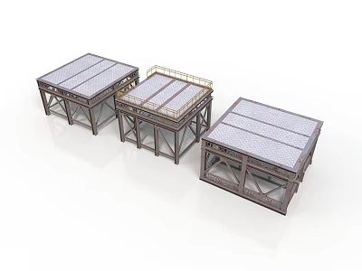 Three Sturdy Industrial Metal Platform Equipment With Frame Roof And Guardrail 3d model