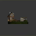 Modern Miniature Scene Featuring Wooden Cabin Gazebo Staircase Small Shed and Green Lawn