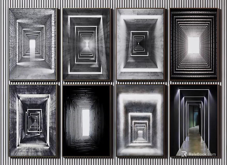 Black And White Abstract Artworks With Geometric Tunnel Repeating Structures In Frames 3d model