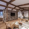 Hotel Guest Room Interior With Wooden Beams Stone Walls Natural Light And Cozy Furniture