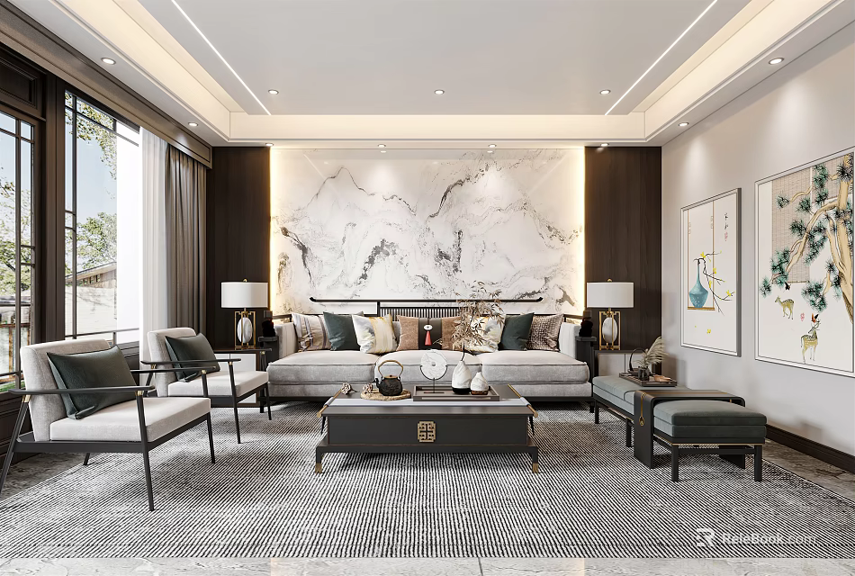 Elegant Modern Living Dining Room Interior With Marble Wall Sofa And Coffee Table 3d model