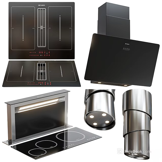 Modern Black And Stainless Steel Kitchen Appliances With Induction Cooktop Range Hood Oven Chimney Pipe 3d model 