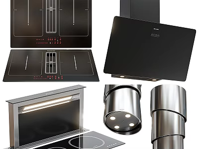 Modern Black And Stainless Steel Kitchen Appliances With Induction Cooktop Range Hood Oven Chimney Pipe 3d model