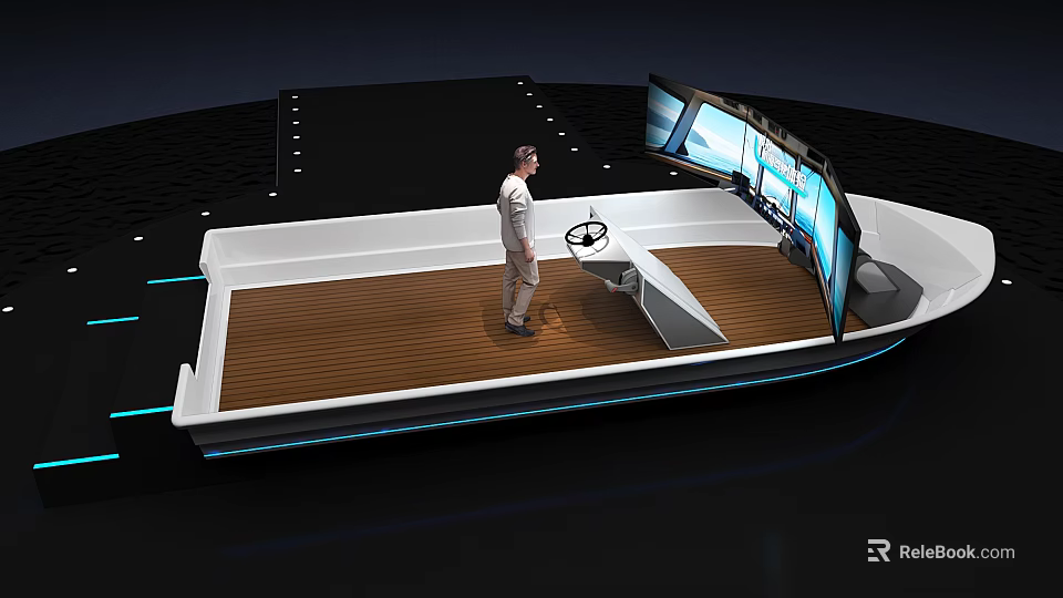 Amusement Equipment With Wooden Platform Control Console Steering Wheel Large Screens And Blue Lighting 3d model 