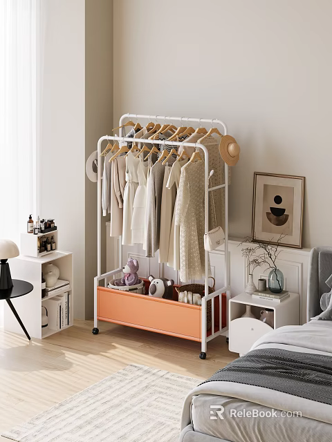 White Clothing Rack With Hanging Clothes Orange Drawer And Plush Toys For Bedroom Storage 3d model 