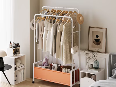 White Clothing Rack With Hanging Clothes Orange Drawer And Plush Toys For Bedroom Storage 3d model