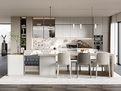 Modern Restaurant Kitchen Interior Design With Island Counter Pendant Lights Cabinets And Dining Chairs 3d model