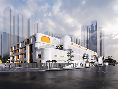 Modern School Building With White Exterior Orange Windows Circular Design Urban Backdrop And Pedestrians 3d model