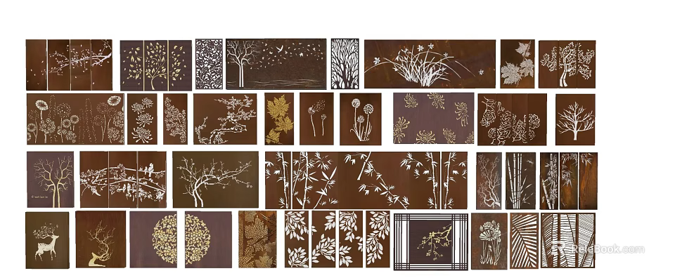 Decorative Feature Wall With Various Floral Tree And Bamboo Patterns On Dark Background 3d model