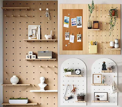 Creative Wooden Wall Decor with Shelves Pegs Photos Green Plants and Decorative Items 3d model