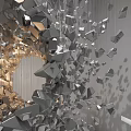 Gray and Gold Fragmented Modern Sculpture Exploding Outward with Circular Hollow Center and Hanging Lines 3d model