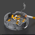 Concrete Ashtray With Burning Cigarette Ash And Multiple Cigarette Butts On Dark Surface 3d model