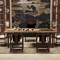 Traditional Chinese Wooden Tea Table and Chairs With Tea Sets and Potted Plant Decor