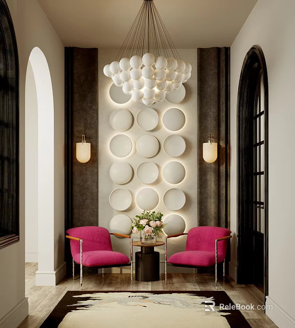 Elegant Entryway Hallway With Circular Wall Decor Chandelier Pink Chairs And Flower Arrangement 3d model 