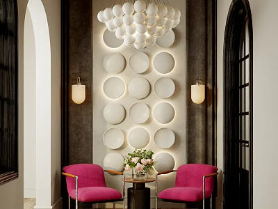 Elegant Entryway Hallway With Circular Wall Decor Chandelier Pink Chairs And Flower Arrangement 3d model