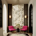 Elegant Entryway Hallway With Circular Wall Decor Chandelier Pink Chairs And Flower Arrangement