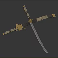 Traditional Samurai Sword With Blue Blade Ornate Golden Fittings And Leather Wrapped Handle