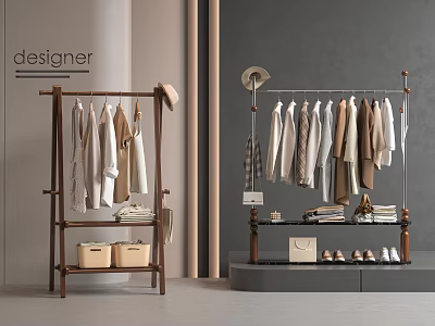 Modern Wooden and Metal Clothing Racks with Hanging Clothes Storage Boxes Shoes and Bags 3d model