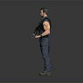 Male Character In Blue Sleeveless Outfit Holding Large Gun With Gray Background