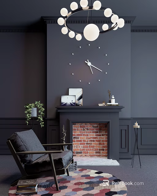 Brick Fireplace With Black Mantel Decorative Items Books Gray Accent Chair Dot Design Wall Clock Green Plant 3d model 