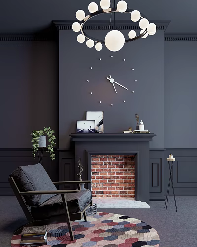 Brick Fireplace With Black Mantel Decorative Items Books Gray Accent Chair Dot Design Wall Clock Green Plant 3d model