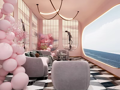 Elegant KTV Lounge With Pink Balloons Sofa Chandeliers Sea View And Geometric Floor Tiles 3d model