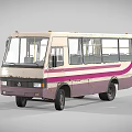 Vintage Bus Exterior With Pink And White Stripes And Large Passenger Windows