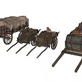 Vintage Wooden Carts With Canvas Cover And Loaded Goods On Wheels