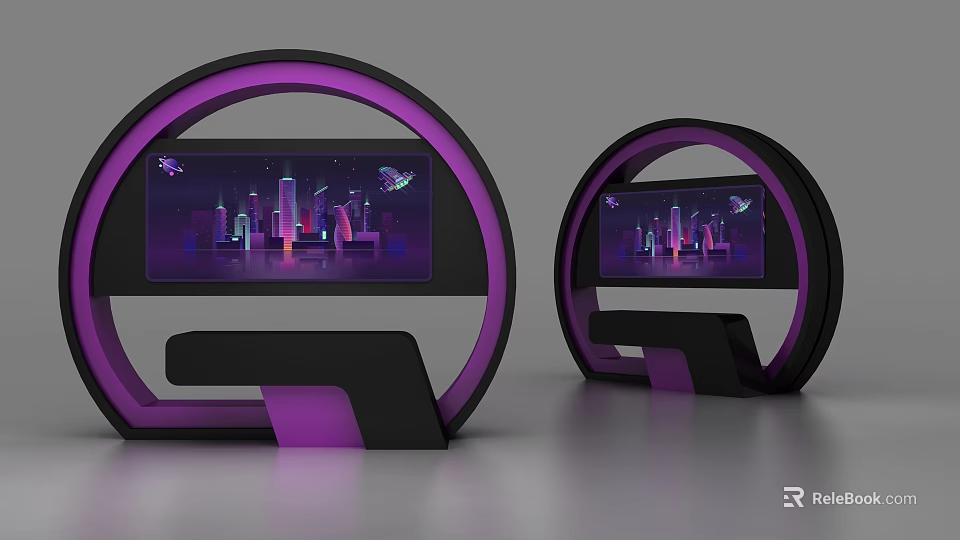 Circular Display Shelves In Black Purple With Digital Screens Showing City Night And Flying Objects 3d model 