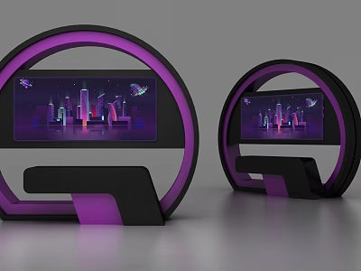 Circular Display Shelves In Black Purple With Digital Screens Showing City Night And Flying Objects 3d model