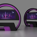Circular Display Shelves In Black Purple With Digital Screens Showing City Night And Flying Objects